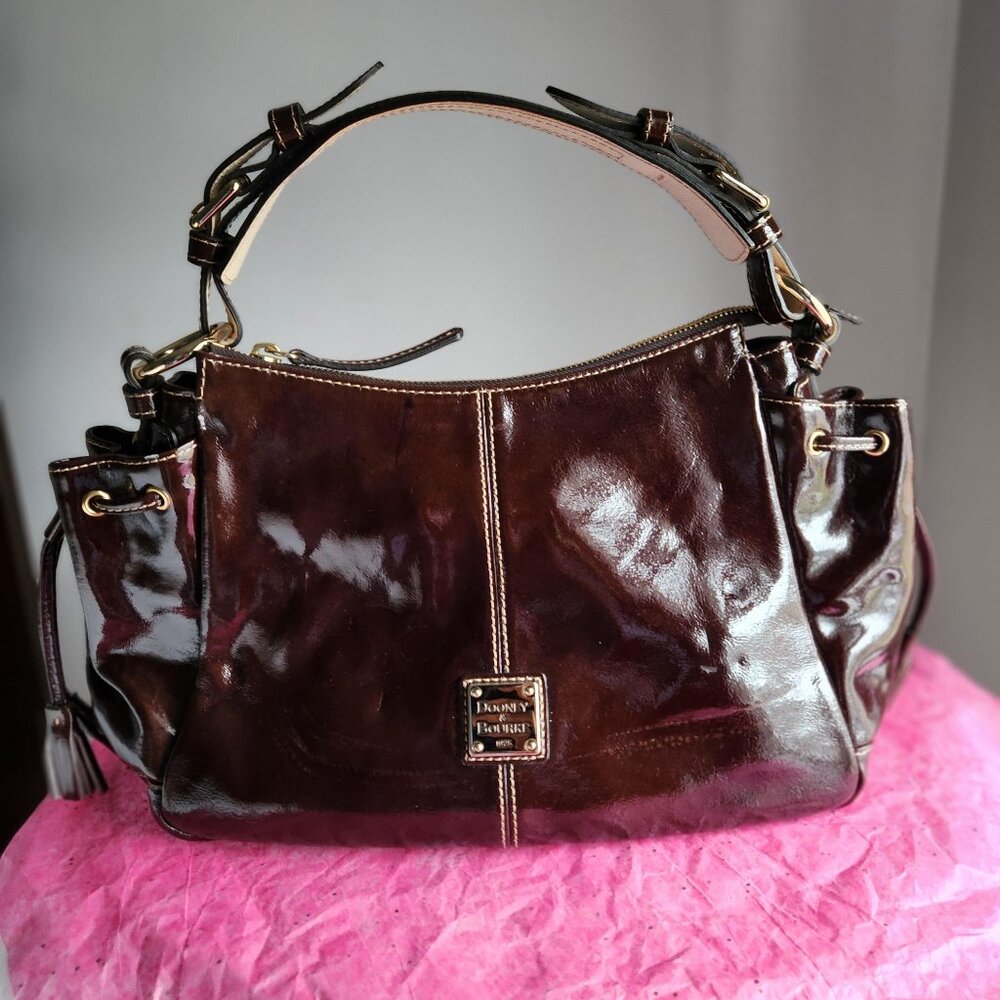 Dooney and Bourke Brown/Chocolate Patent Leather Tassles shoulder Bag EUC